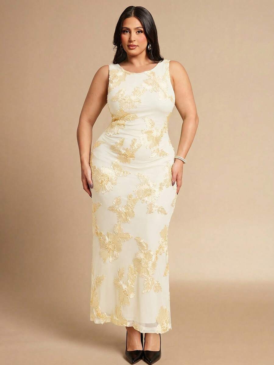 SHEIN BAE Plus Size Women's Elegant Embroidered Sleeveless Backless Dress, Summer - Apricot - View 1