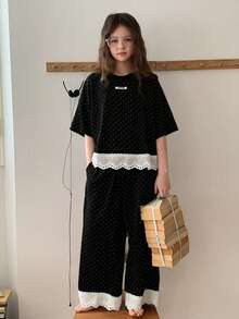 Dazy Kids Tween Girl Polka Dot Print Contrast Schiffy Hem Short Sleeve Top And Wide Leg Pants Pajama Set, Spring/Summer/Autumn - Black - View 3