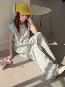 Dazy Kids Tween Girl Casual Contrast Binding Polo Shirt And Wide Leg Pants Set, Spring/Summer - Grey - View 6