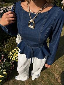 DAZY Women's Boat Neck Cinched Waist Waist Ruffle Hem Elegant Pullover Denim Top - Medium Wash - View 5
