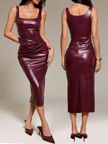 SHEIN PETITE 女士性感简约无袖酒红色修身PU连衣裙，女士酒红色连衣裙，女士皮革连衣裙，情人节系列，情人节缎面连衣裙，性感夜店连衣裙，乳胶连衣裙，女士皮革连衣裙 - 酒紅色 - 查看 2