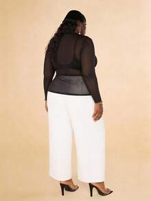 CurvyTilda 加大高领透视网眼上衣（不含吊带背心） - 黑色 - 查看 2