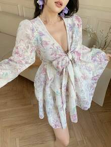 DAZY 法式粉色碎花V领长袖连衣裙，系腰雪纺A字迷你连衣裙，春季波西米亚风吊带裙 - 彩色 - 查看 7