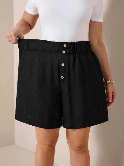 Comfylo Plus Size Women Pocketed Button Casual Versatile Daily Wear Shorts Black Shorts Black Pants Casual Outfit For Women Vacation Outfits Women Beach Vacation Outfits For Women Holiday Outfits Beach Outfits For Women Beach Shorts Spring Outfit Women Summer Outfits