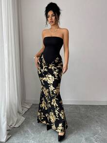 SHEIN Raffinéa 女士性感优雅无肩带连衣裙，饰有金属花卉图案和美人鱼裙摆 - 黑色 - 查看 9