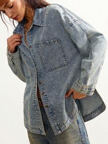 Bohemela 女士珍珠装饰长袖牛仔衬衫 - 淺色水洗藍 - 查看 4