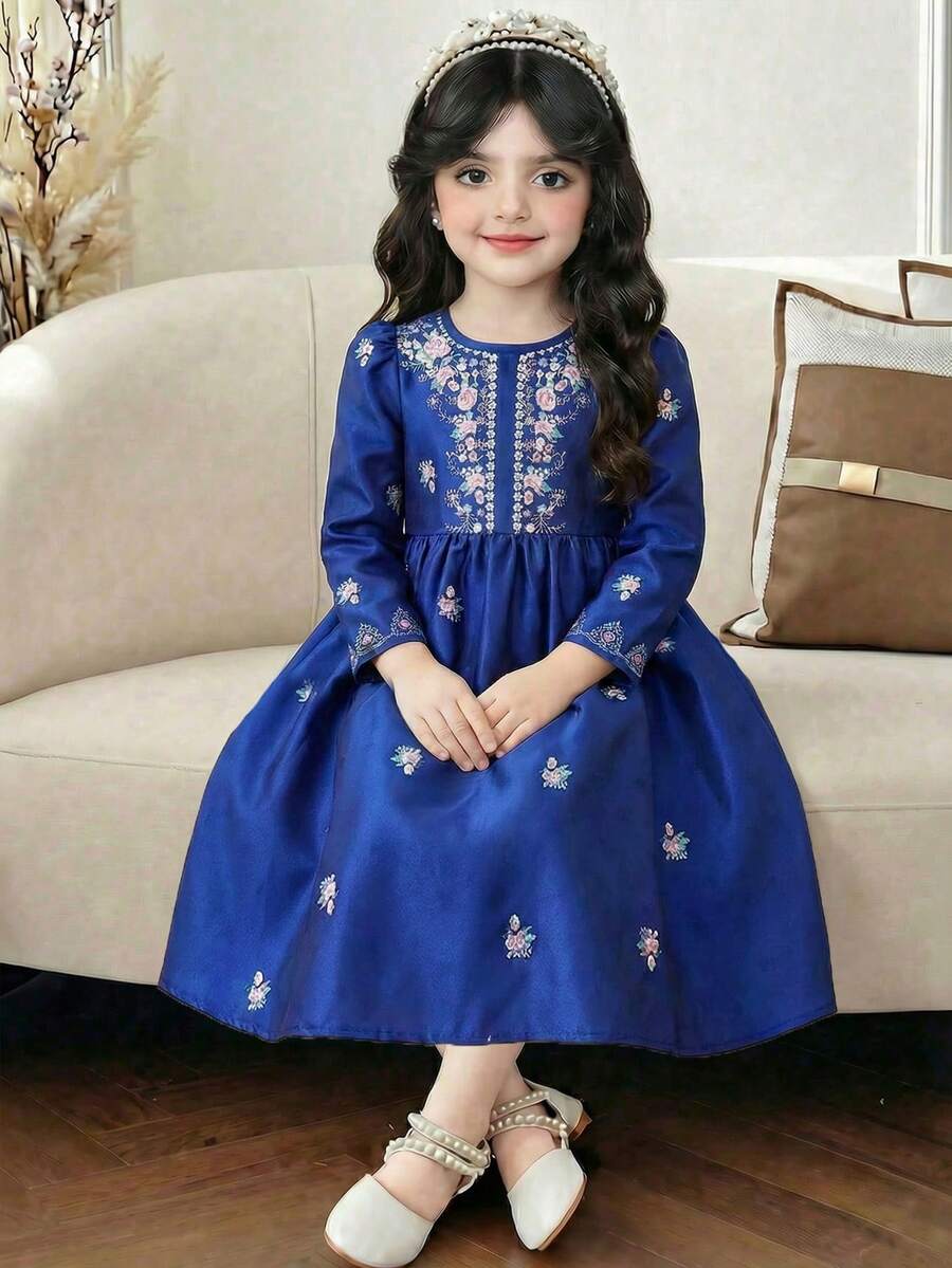 SHEIN Royal Blue Young Girl Flamingo Print Long Sleeve Dress,Autumn Party Wedding Elegant Floral Arabian,Kaftan Jalabiya Pakistani Clothes For Young Girl - Blue - View 1