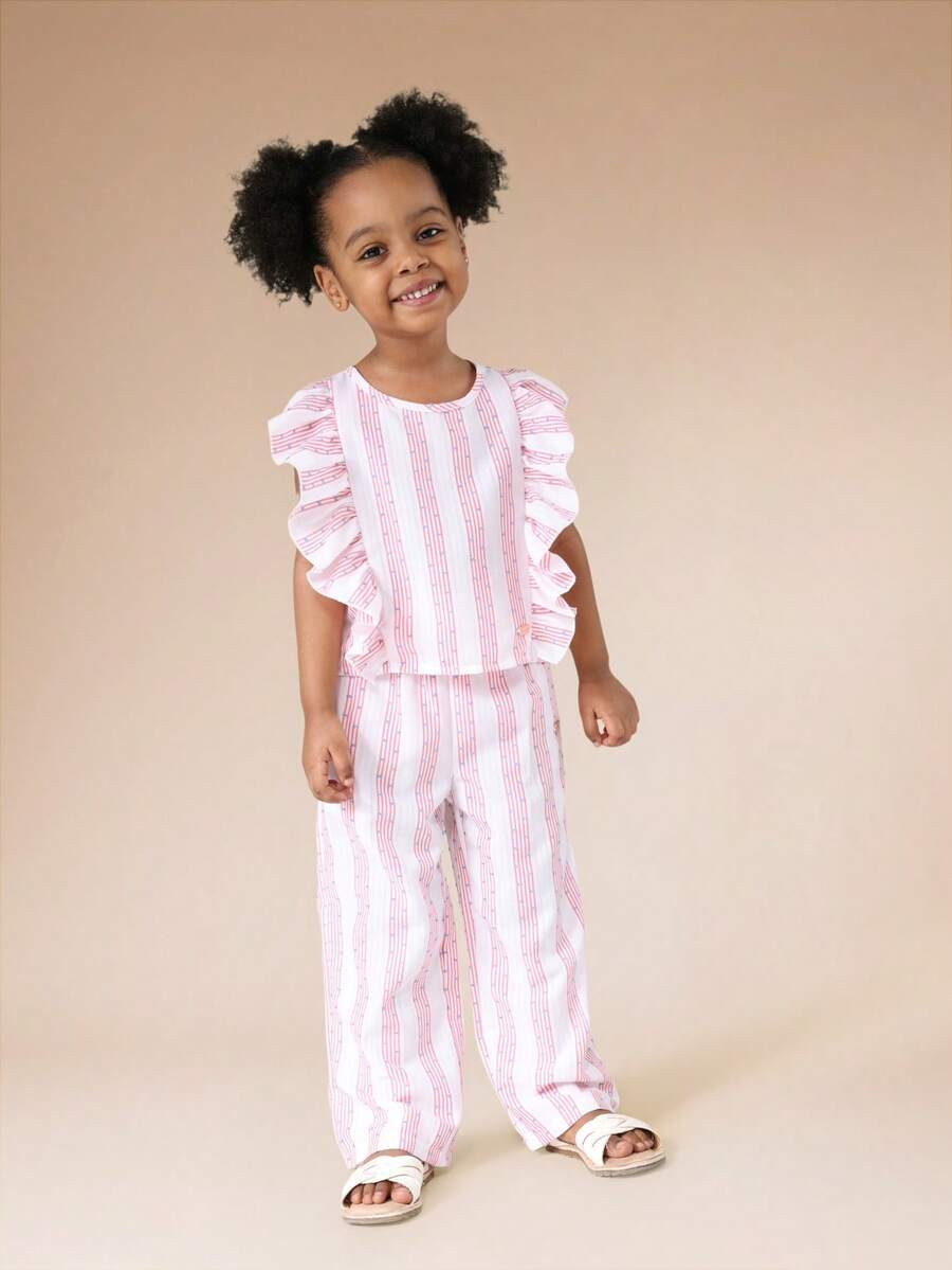 SUMWON Girls Ruffle Sleeve Tank Top And Wide Leg Pants Striped Co-Ord Set Summer Casual Outfit Festive Occasionwear - Pink - View 1