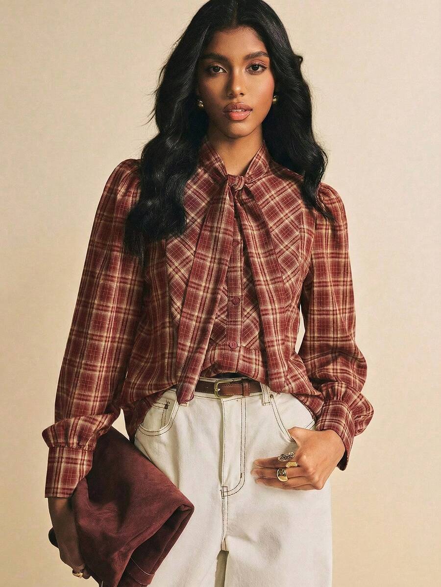 Poéselle Women's Plaid Simple Casual Long Sleeve Shirt - Red - View 1