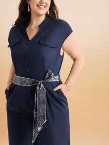 Momelise Plus Size Women's Minimalist V-Neck Hooded Sleeve Button Decor Printed Scarf Belt Casual Long Wide Leg Jumpsuit, Suitable For Commuting And Outdoor Wear - Navy Blue - View 1