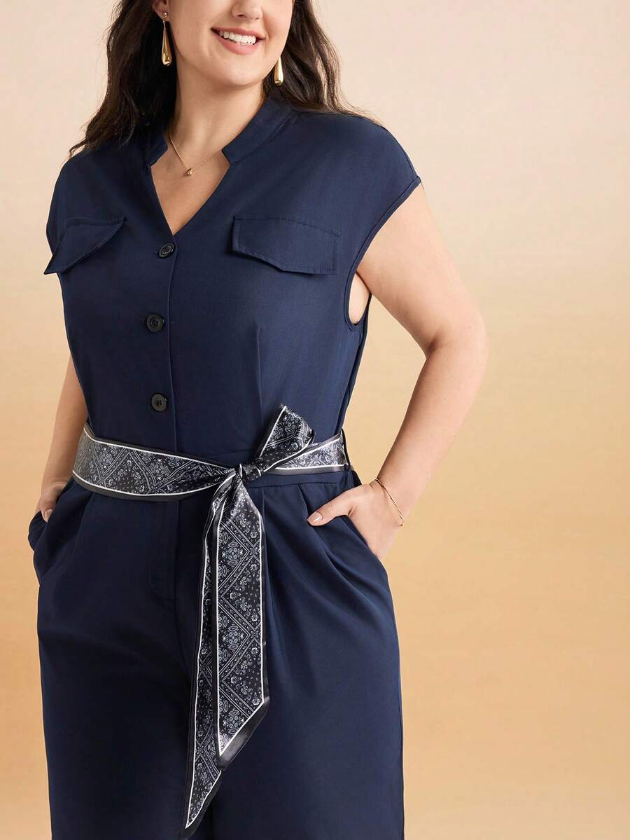 Momelise Plus Size Women's Minimalist V-Neck Hooded Sleeve Button Decor Printed Scarf Belt Casual Long Wide Leg Jumpsuit, Suitable For Commuting And Outdoor Wear - Navy Blue - View 1