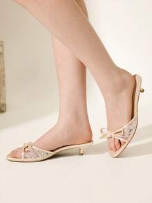 CUCCOO CHICEST 女士时尚蝴蝶结露趾高跟凉鞋，夏季 - 香檳色 - 查看 4