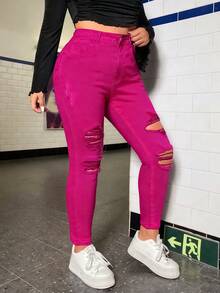 SHEIN ICON Plus Size Plain Simple Distressed Denim Jeans - Hot Pink - View 7
