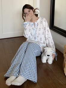 DAZY Happy Dog Allover Print Collar Top & Plaid Pajama Pants Women Sleepwear Set - White - View 7