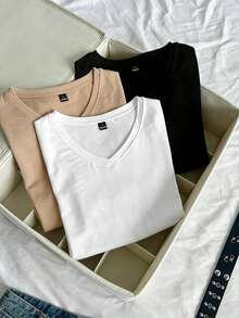 SHEIN EZwear 3件装女士夏季V领紧身T恤，朋克亚文化动漫纯色基础款V领短袖修身T恤 - 彩色 - 查看 7