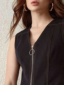 MOTF PREMIUM 撞色缝线拉链牛仔背心 - 深色水洗藍 - 查看 2