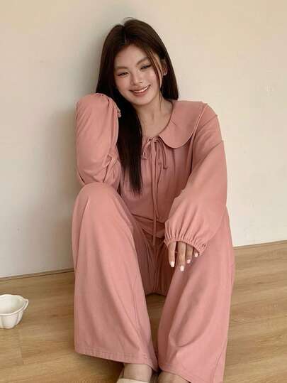 Dazy Plus 大码女式纯色彼得潘领长袖上衣和阔腿裤休闲家居服套装