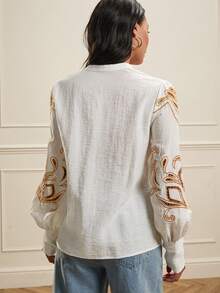 Lilora 女士圆领插肩长袖褶裥宽松前襟纽扣衬衫 - 杏色 - 查看 2