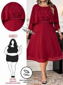 SHEIN CURVE+ Valentine's Day Plus Size Women's Elegant Rhinestone Decorated Cape Dress, Summer Curve Plus Dress Red Plus Size Dress - Burgundy - View 1