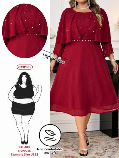 SHEIN CURVE+ Valentine's Day Plus Size Women's Elegant Rhinestone Decorated Cape Dress, Summer Curve Plus Dress Red Plus Size Dress