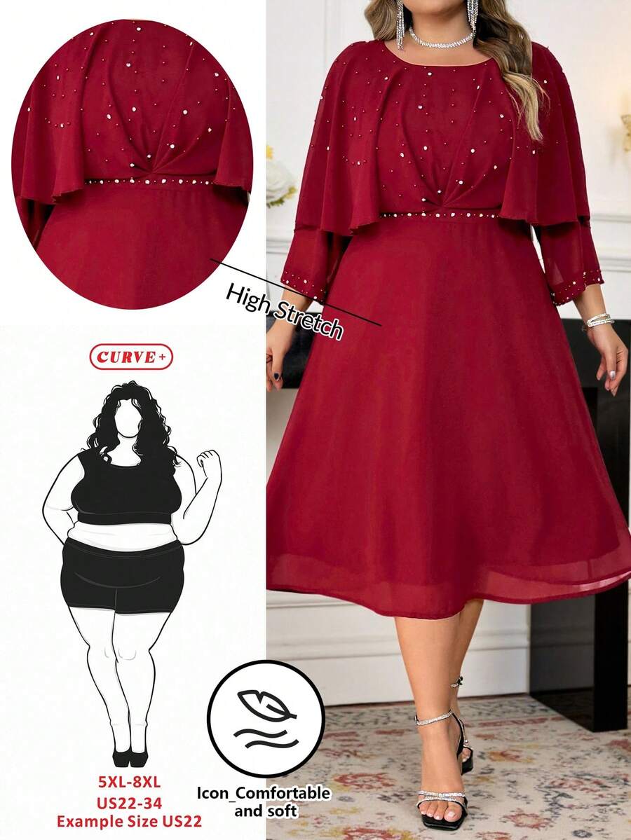 SHEIN CURVE+ Valentine's Day Plus Size Women's Elegant Rhinestone Decorated Cape Dress, Summer Curve Plus Dress Red Plus Size Dress - Burgundy - View 1