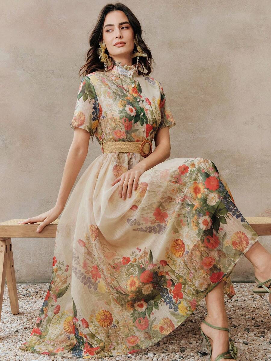 Anewsta 女士时尚浪漫杏色底印花开襟A字领荷叶边短袖收腰连衣裙，适合海滩度假穿着 - 彩色 - 查看 1