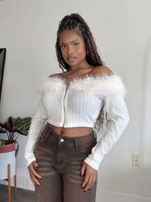 Tyla Gomez 秋冬露肩毛绒短款粉色夹克 - 白色 - 查看 6