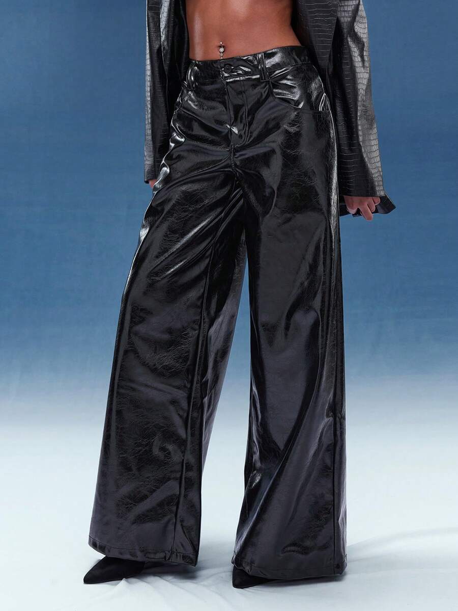 Normani 女士外出性感复古波西米亚风机车仿蜡皮低腰阔腿裤 - 黑色 - 查看 1