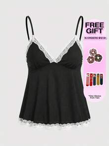 ROMWE Fairycore 撞色蕾丝拼接优雅时尚吊带背心 - 黑色 - 查看 4