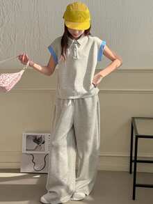 Dazy Kids Tween Girl Casual Contrast Binding Polo Shirt And Wide Leg Pants Set, Spring/Summer - Grey - View 3