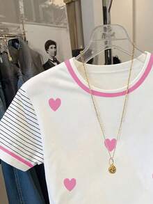 Resyla Women's Casual Daily Commute Heart & Stripe Print Short Sleeve T-Shirt, Summer - White - View 4