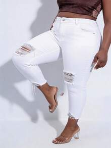CurvyTilda 大碼高腰破洞毛邊緊身九分牛仔褲 - 白色 - 查看 4