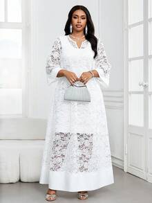 SHEIN Lady Valentine Plus Size Women's Fashion Lace Cutout Neck Dress White Elegant Curve Church Maxi - White - View 5