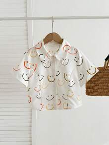 SHEIN LMoss Kids 少女白色領口印花短版短袖襯衫，休閒可愛日系圖案鈕扣開襟上衣，適合夏天少女上學穿著 - 白色 - 查看 3