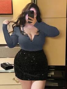 Flirla Plus Size Lace Patchwork Deep V-Neck Long Sleeve 2 In 1 Crop Top, Sexy & Alluring - Dark Grey - View 3