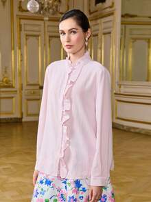 LOTSLUV Women's Pink Mandarin Collar Ruffle Trim Long Sleeve Loose Vintage Textured Blouse - Baby Pink - View 7