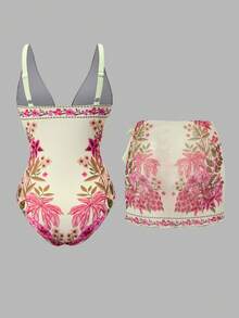 SHEIN Swim Oasis 女士优雅休闲波西米亚风中式蓝白热带棕榈树花卉印花连体泳衣及沙滩罩衫套装，适合海滩度假 - 彩色 - 查看 2