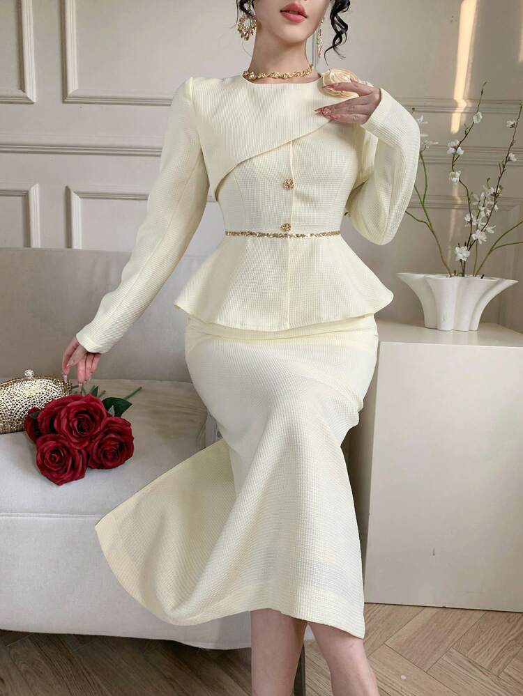 Spring/Summer 2 In 1 Shawl Collar Sequin Decor Ruffle Hem Fitted White Top & Bodycon Fish Tail Skirt Set, Elegant For Valentine's Day, Wedding, Party, Formal Occasion