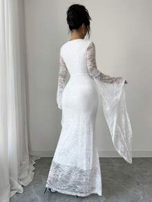 Elenzga Women's V-Neck White Lace Sexy Long Flare Sleeve Design Bodycon Maxi Dress, Stretchy Comfortable French Elegant Romantic Vacation Party Date Night New Arrival - White - View 2