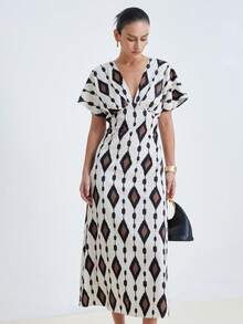 Aveloria Modichic Robe longue d'été en mousseline de style bohème vintage pour les vacances, décontractée, pour l'extérieur et les fêtes, imprimé géométrique, col V, manches chauve-souris amples, taille avec lien - Multicolore - Voir 6