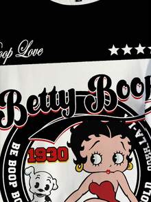 Betty Boop x SHEIN 大码休闲撞色卡通图案圆领短袖T恤，夏季 - 白色 - 查看 4