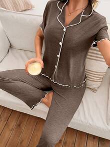 SHEIN Women's Classic Simple Brown V-Neck Short Sleeve Top And Pants Loungewear Set, Casual Everyday Sleepwear - Brown - View 4