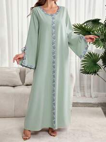 Al Najma Women's Elegant Embroidered Applique Turkish Abaya & Arabic Traditional Maxi Dress - Baby Blue - View 4
