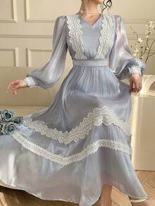 DAZY Women's V-Neck Lace Patchwork Waist Dress, Elegant Resort Style Sundress - Gray Blue - View 2