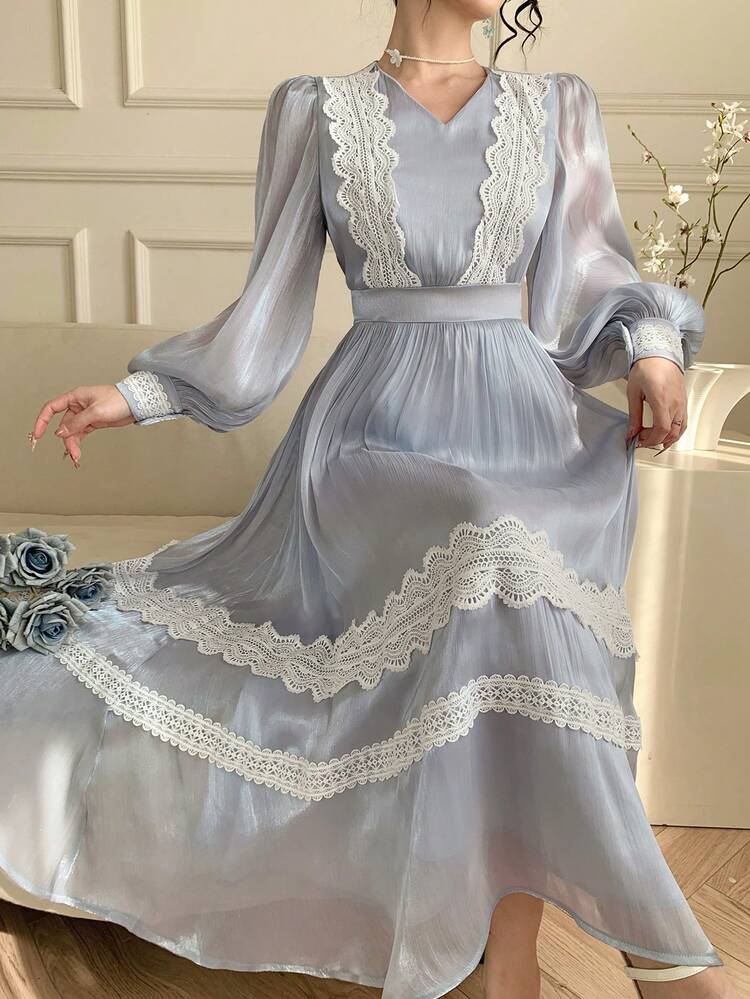 Women's V-Neck Lace Patchwork Waist Dress, Elegant Resort Style Sundress