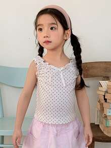 Dazy Kids 女童波点印花蝴蝶结装饰V领荷叶边吊带背心 - 米色 - 查看 2