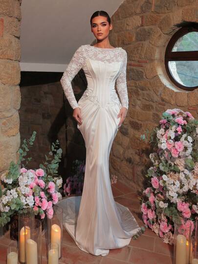 Glamrae Elegant White Lace Beaded Patchwork Satin Sheer High Neck Long Sleeve Bandeau Fish Bone Trim Asymmetrical Mermaid Maxi Dress With Extra Long Train, Suitable For Wedding, Party, Vacation