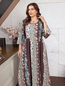 SHEIN Lacomfia Đầm ngắn tay in hoa dáng rộng thoải mái dành cho nữ cỡ lớn - Nhiều màu - Xem 5