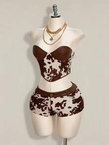 SHEIN ICON Women's Minimalist Printed Bandeau Top And Shorts 2 Pieces Set - Brown - View 3