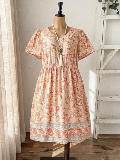 EMERY ROSE Vestido casual de manga corta con estampado floral para vacaciones, talla grande para mujer